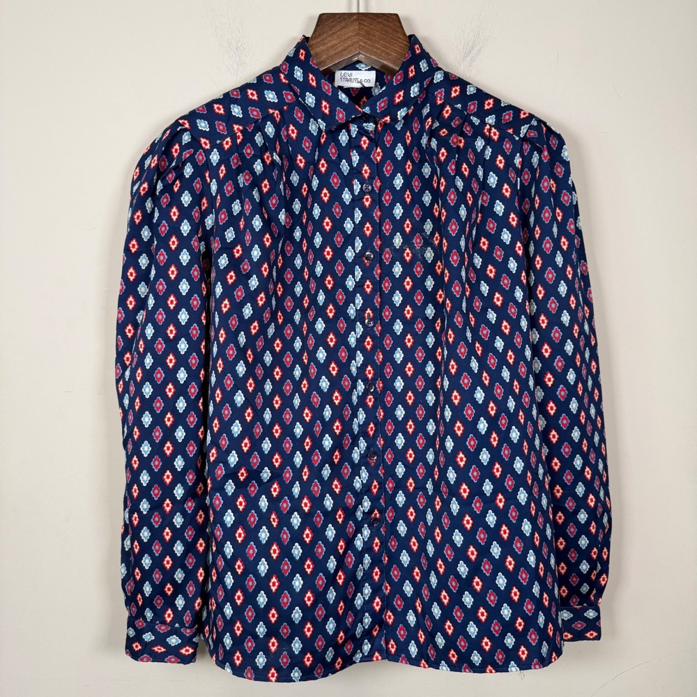 Levi Strauss & Co 1980's VTG Navy Geometric Pattern Long Sleeve Blouse Size 18